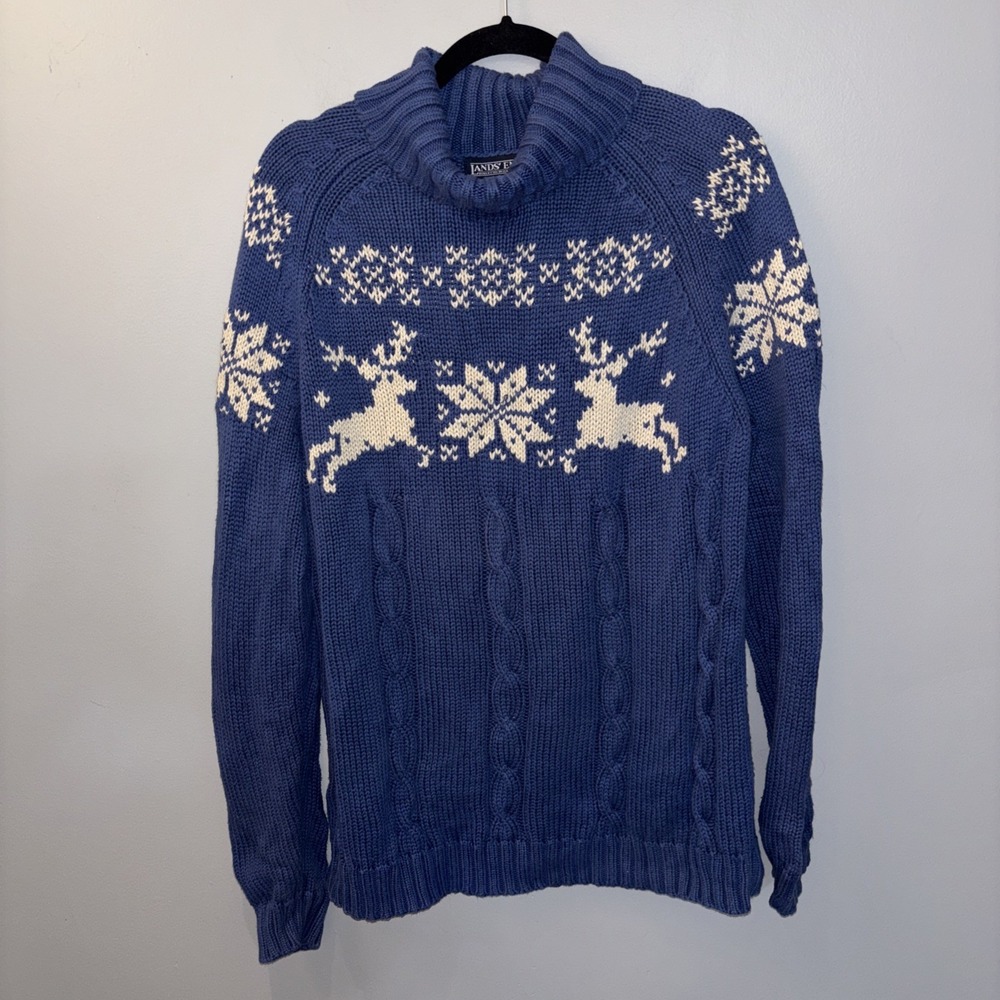 Vtg Lands End Chunky Cable Knit Sweater Snowflake Reindeer‎ Blue Turtleneck SzL